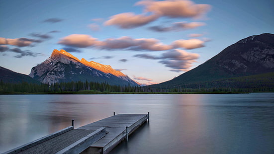 panorama, pontile, molo, montagna, lago, bello, cielo, nuvole, calma, Sfondo HD HD wallpaper
