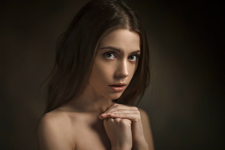 latar belakang sederhana, wanita, Ksenia Kokoreva, wajah, potret, Wallpaper HD