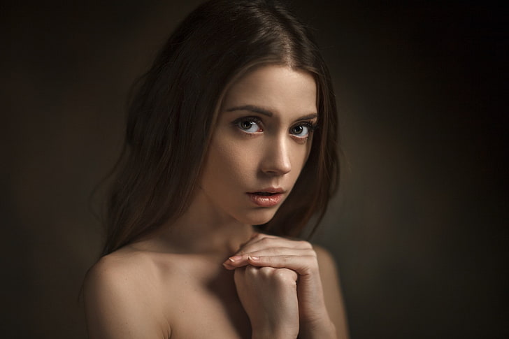 wanita, wajah, potret, latar belakang sederhana, Ksenia Kokoreva, Wallpaper HD