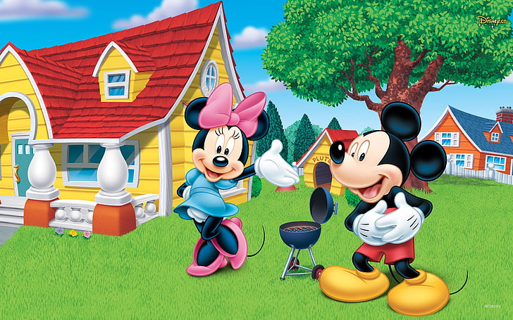 Disney Mickey Mouse and Minnie Wooden House Grill Cartoon Wallpaper Hd, HD тапет