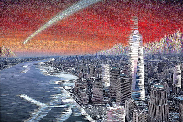 painting of city skyline, glitch art, New York City, pixel sorting, city, HD wallpaper
