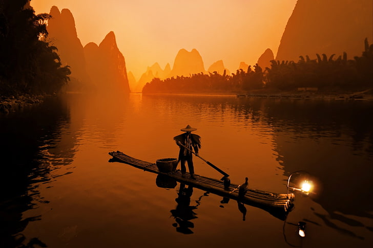 China, Hill, landscape, Li River, nature, river, HD wallpaper