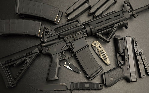 AR-15, боеприпаси, Glock, нож, пистолет, Glock 21, пистолет, щурмова пушка, HD тапет HD wallpaper