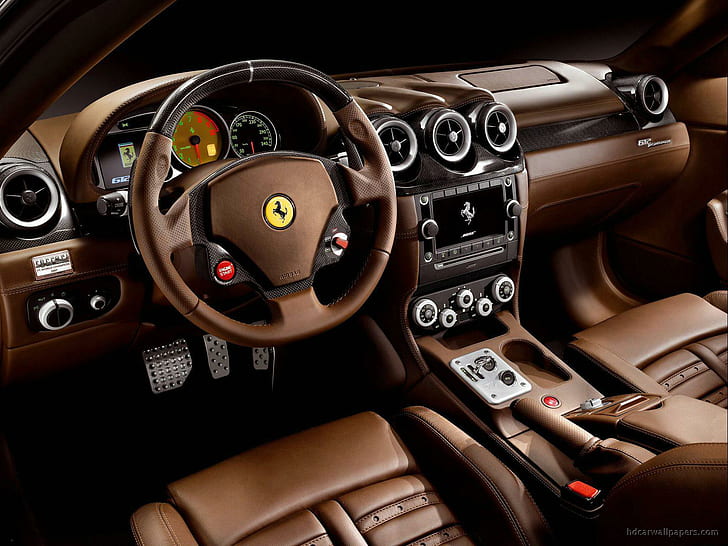 Ferrai 612 Scaglietti Black Interior 2, braunes Ferrari-Lenkrad, Interieur, schwarz, Ferrai, Scaglietti, Autos, Ferrari, HD-Hintergrundbild