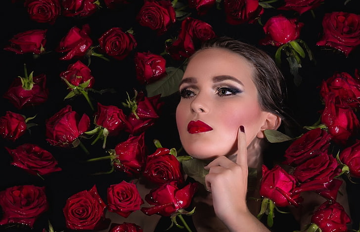 Women, Face, Flower, Girl, Lipstick, Model, Red Flower, Red Rose, Rose, Water, Woman, HD wallpaper