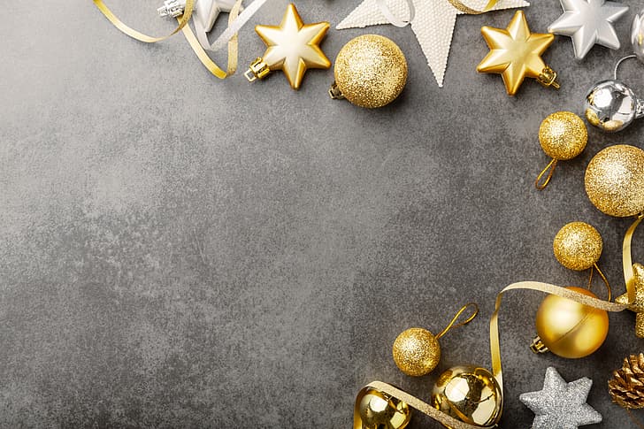 decoration, gold, balls, New Year, Christmas, golden, background, Merry, HD wallpaper