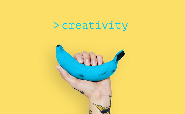 Creativity Banana, blue banana with text overlay, Aero, Creative, Blue, Design, Hand, Background, Fruit, Isolated, tattoo, Holding, ideas, showing, creativity, yellow, bananas, HD wallpaper