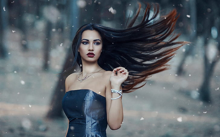 Blue dress, long hair girl in the wind, time laps photography of woman waving hair, Blue, Dress, Long, Hair, Girl, Wind, HD wallpaper