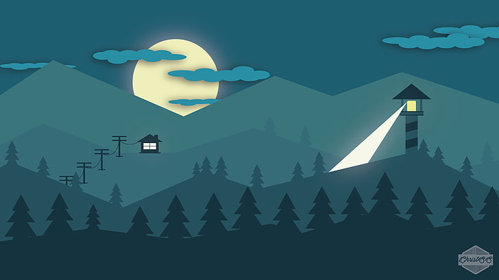 Leuchtturm nahe Berg mit Mondillustration, Minimalismus, Berge, Flatdesign, HD-Hintergrundbild