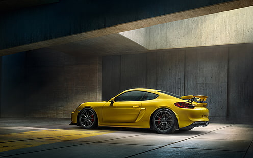 Porsche Cayman GT4, Mobil Kuning, Tampak Samping, mobil sport kuning, porsche cayman gt4, mobil kuning, pemandangan samping, Wallpaper HD HD wallpaper