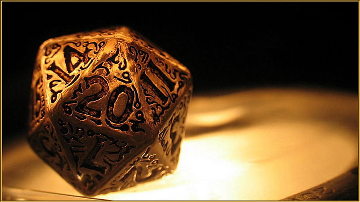 gray dice, closeup, d20, dice, gold, Dungeons and Dragons, numbers, HD wallpaper