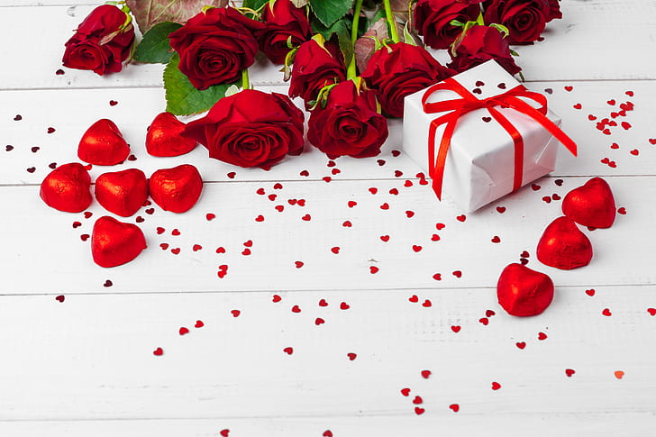 Festa, San Valentino, Regalo, A forma di cuore, Fiore rosso, Rosa, Sfondo HD
