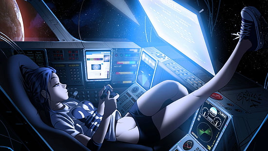 88 Girl, anime, artwork, Cockpit, Controllers, drawing, Futuristic, Glowing, One Leg Up, PlayStation 3, space, Space Invaders, Space Station, spaceship, Vashperado, video games, women, Zero Gravity, HD wallpaper HD wallpaper