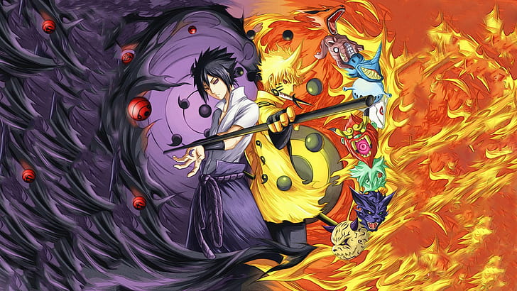 Bijuu, manga, anime boys, Uchiha Sasuke, Naruto Shippuuden, Sharingan, Rinnegan, Uzumaki Naruto, fire, HD wallpaper