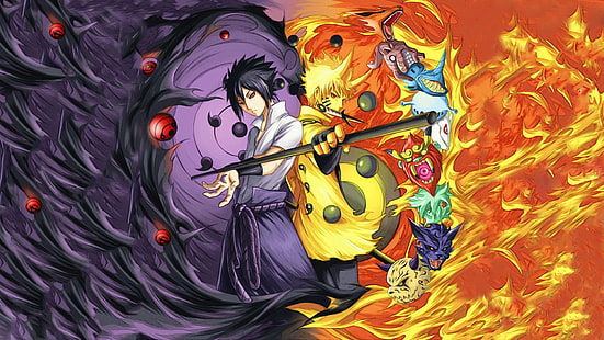 Bijuu, manga, anime boys, Uchiha Sasuke, Naruto Shippuuden, Sharingan, Rinnegan, Uzumaki Naruto, fire, HD wallpaper HD wallpaper