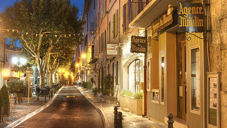 Sklep Agence Moulin, ulica, Francja, calles (Francja), noc, miasto, szyld, Tapety HD