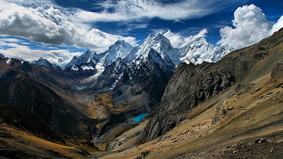 peru, cordillera huayhuash, mountains, valley, clouds, mountain range, andes, sky, cloud, HD wallpaper HD wallpaper
