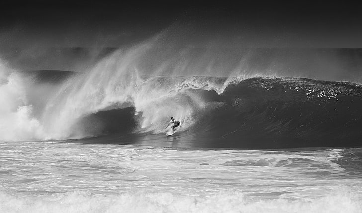 the ocean, wave, Hawaii, black and white photo, Oahu, North Shore, serfingist, HD wallpaper