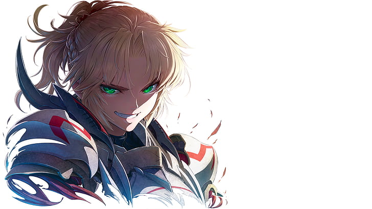 anime, manga, anime girls, looking at viewer, simple background, Fate Series, Fate / Grand Order, Mordred (Fate / Apocrypha), Fate / Apocrypha, armor, blonde, short hair, ponytail, eyes green, Smile, Fond d'écran HD
