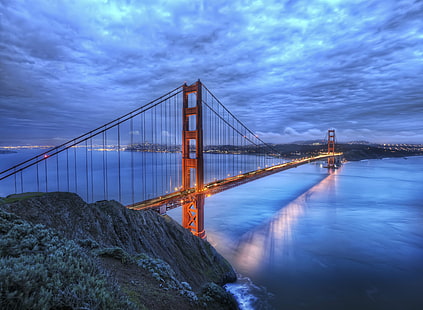 golden gate bridge during nighttime, golden gate bridge, Golden Gate Bridge, Dusk, nighttime, world  travel, united  states, north  America, America  west, west  coast, California, san Francisco  golden  gate, golden  gate  bridge, suspension, blog, stuck, customs, com, photography, digital, hdr, high  dynamic  range  imaging, tutorial, sunset, clouds, sky, bay, water, span, reflection, processing, scenic  route, route 101, architecture, design  engineering, modern, industrial, structure, Nikon  d3x, famous Place, san Francisco County, uSA, bridge - Man Made Structure, suspension Bridge, sea, HD wallpaper HD wallpaper