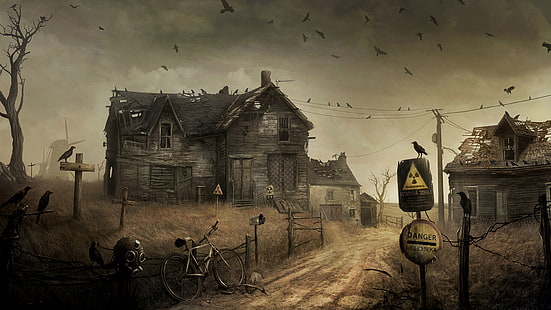 apocalypse, apocalyptic, bicycle, birds, creepy, crows, dark, destruction, evil, gas, halloween, haunted, horror, houses, mask, post, radiation, ravens, roads, ruins, spooky, HD wallpaper HD wallpaper