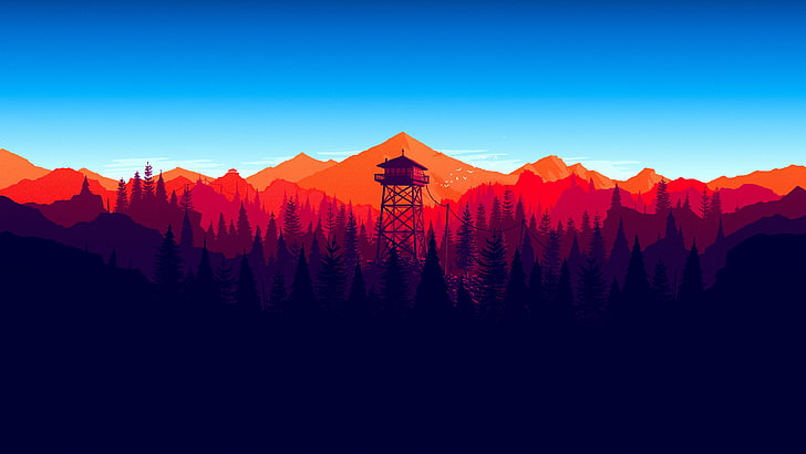 pine trees field, Firewatch game wallpaper, mountains, minimalism, forest, Firewatch, HD wallpaper