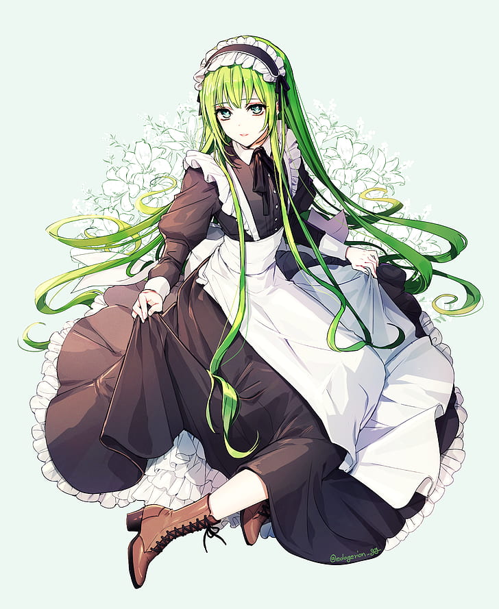 Fate Series, FGO, Fate/Grand Order, anime boys, long hair, 2D, maid outfit, thighs, thigh high boots, lifting skirt, messy hair, Enkidu (FGO), green eyes, green hair, simple background, looking at viewer, brown boots, vertical, fan art, HD wallpaper