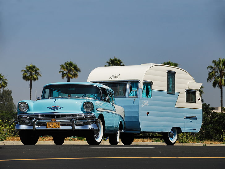 1956, luft, bel, camping, chevrolet, nomad, retro, stationwagon, trailor, HD tapet