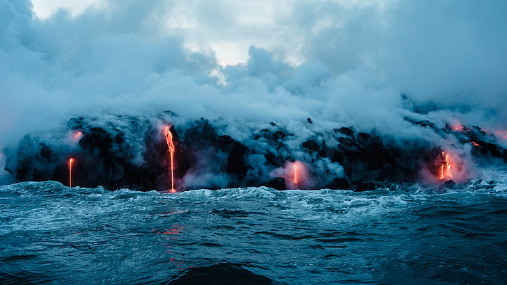 sea, geological phenomenon, ocean, lava, submarine volcano, water, wave, volcanic landform, smoke, types of volcanic eruptions, volcano, volcanic eruption, HD wallpaper