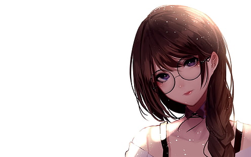 Anime, original, tresse, cheveux bruns, lunettes, cheveux longs, yeux violets, Fond d'écran HD HD wallpaper