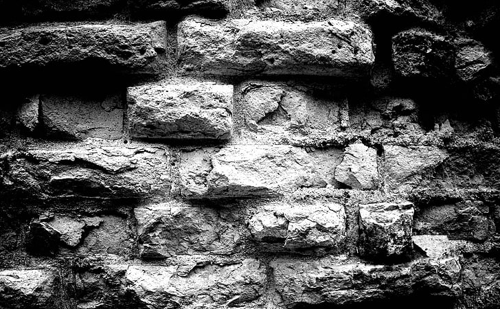 طوب ، جدار خرساني رمادي ، أسود وأبيض ، طوب، خلفية HD