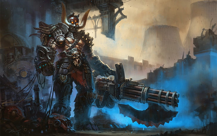 man holding gutling gun illustration, fantasy art, illustration, cyborg, fantasy weapon, HD wallpaper