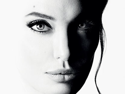 Актрисы, Анджелина Джоли, Актриса, Чёрно-белое, Знаменитости, Лицо, Девушка, Женщина, HD обои HD wallpaper