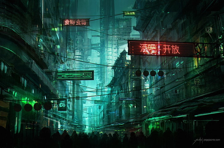야간, 미래, 도시 풍경, 사이버 펑크에서 건물 간판, HD 배경 화면