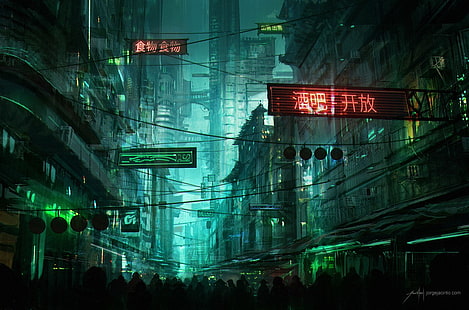 بناء لافتات في الليل ، مستقبلية ، cityscape ، cyberpunk، خلفية HD HD wallpaper