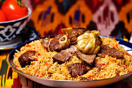 rice and beef, pilaf, uzbek dish, dish, food, meat, rice, tomatoes, kick, onion, carrot, HD wallpaper HD wallpaper