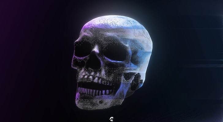 Glitch Art Style Skull, Aero, Creative, art, glitch, glitch art, games, watch, dogs, watch dogs 2, bitmap, 8-bit, abstract, colorful, blue, purple, skull, Fondo de pantalla HD