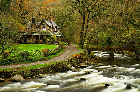 nature, landscape, river, trees, forest, long exposure, bridge, house, road, HD wallpaper HD wallpaper