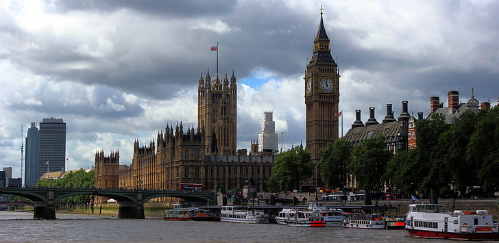 Big Ben, England, London, Big Ben, promenade, clock tower, the river Thames, pleasure steamers, Westminster bridge, HD wallpaper