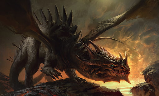 dragon illustration, dragon, fire, fantasy art, DeviantArt, HD wallpaper HD wallpaper