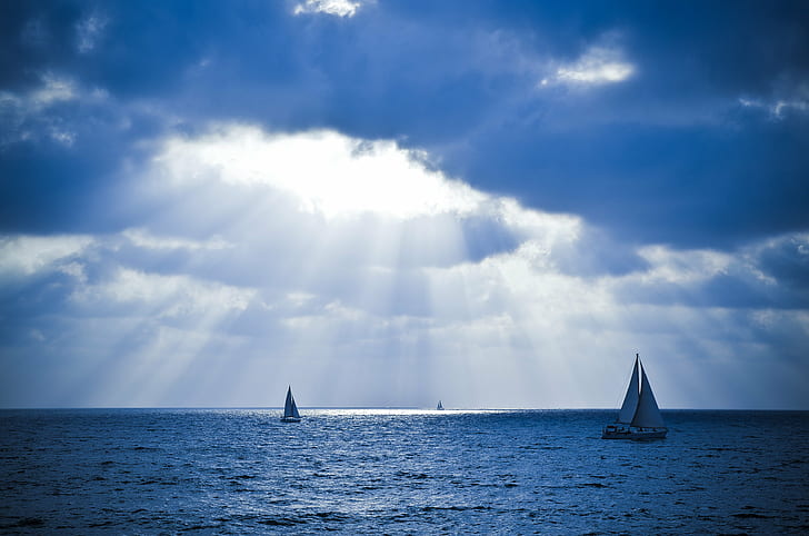 two sailboats on body of water under crepuscular rays, blue, You can close your eyes, sailboats, body of water, crepuscular rays, boats, sea, sunset, nikon  d5100, tamron, sailing, sailboat, nautical Vessel, sail, nature, sky, summer, water, wind, vacations, yachting, cloud - Sky, yacht, travel, sport, wave, HD wallpaper