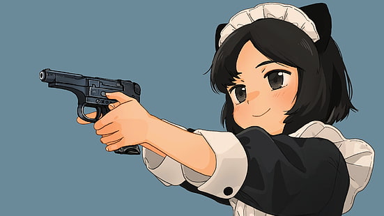 Anime, Manga, Anime Girls, einfacher Hintergrund, Minimalismus, Pistole, Nekomimi, Katzenohren, Dienstmädchen, kurze Haare, Pistole, dunkles Haar, Mädchen mit Waffen, HD-Hintergrundbild HD wallpaper