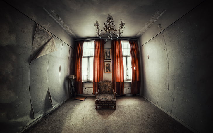 abandonment, chair, chandelier, creepy, decay, drak, drapes, furniture, gothic, horror, light, mood, ruin, scary, spooky, sunlight, urban, window, HD wallpaper