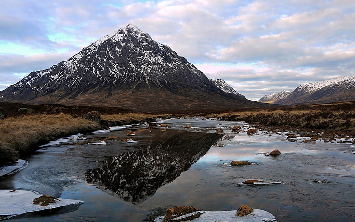 berg täckt med snö, berg, reflektion, landskap, sjö, Skottland, is, Storbritannien, HD tapet