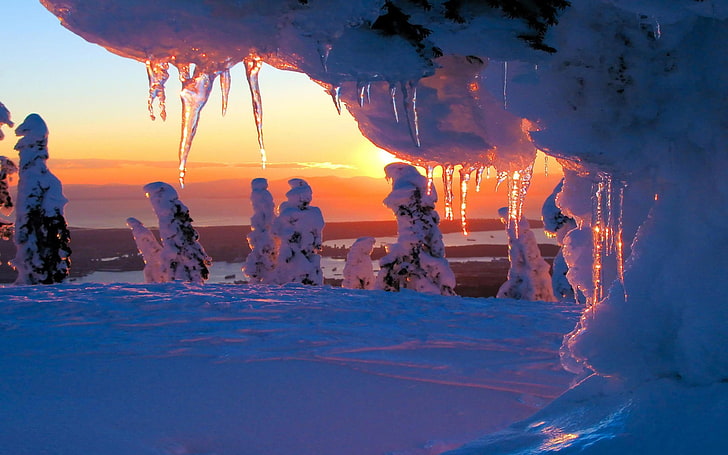 ice and rock formation, winter, snow, trees, sunset, icicles, HD wallpaper