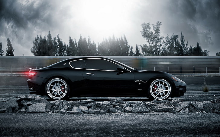 black coupe, Maserati, car, Maserati GranTurismo, black cars, vehicle, HD wallpaper