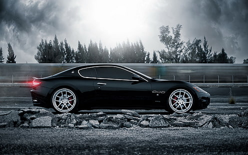 siyah coupe, Maserati, araba, Maserati GranTurismo, siyah arabalar, araç, HD masaüstü duvar kağıdı HD wallpaper