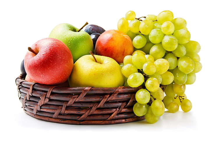 owoce w różnych kolorach, winogrona, jabłka, kosz, owoce, Tapety HD