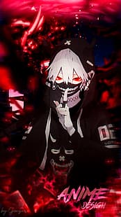 mata merah, cincin, jas hitam, Topeng Hitam, katana, desain anime, anak laki-laki anime, rambut putih, tanduk setan, abstrak, Wallpaper HD HD wallpaper