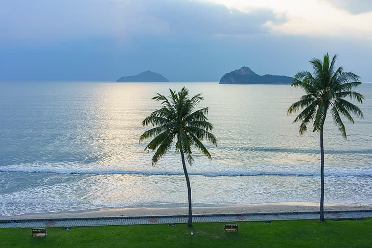sea, beach, summer, sunset, palm trees, shore, seascape, beautiful, paradise, palms, tropical, HD wallpaper